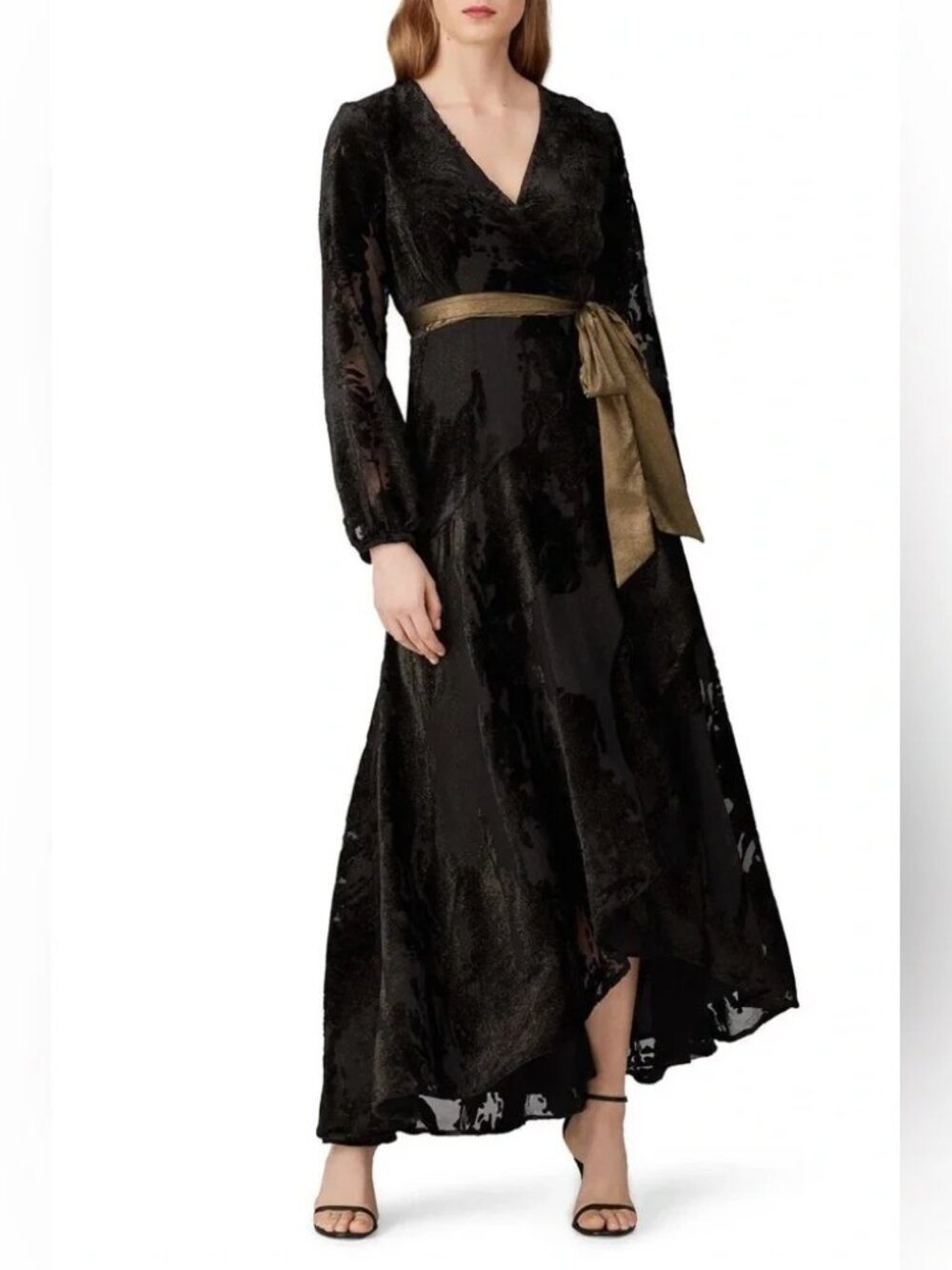 HUTCH Celine Gown Elegant Black Burnout Velvet Maxi Wrap Dress Party Wedding S - Picture 4 of 11